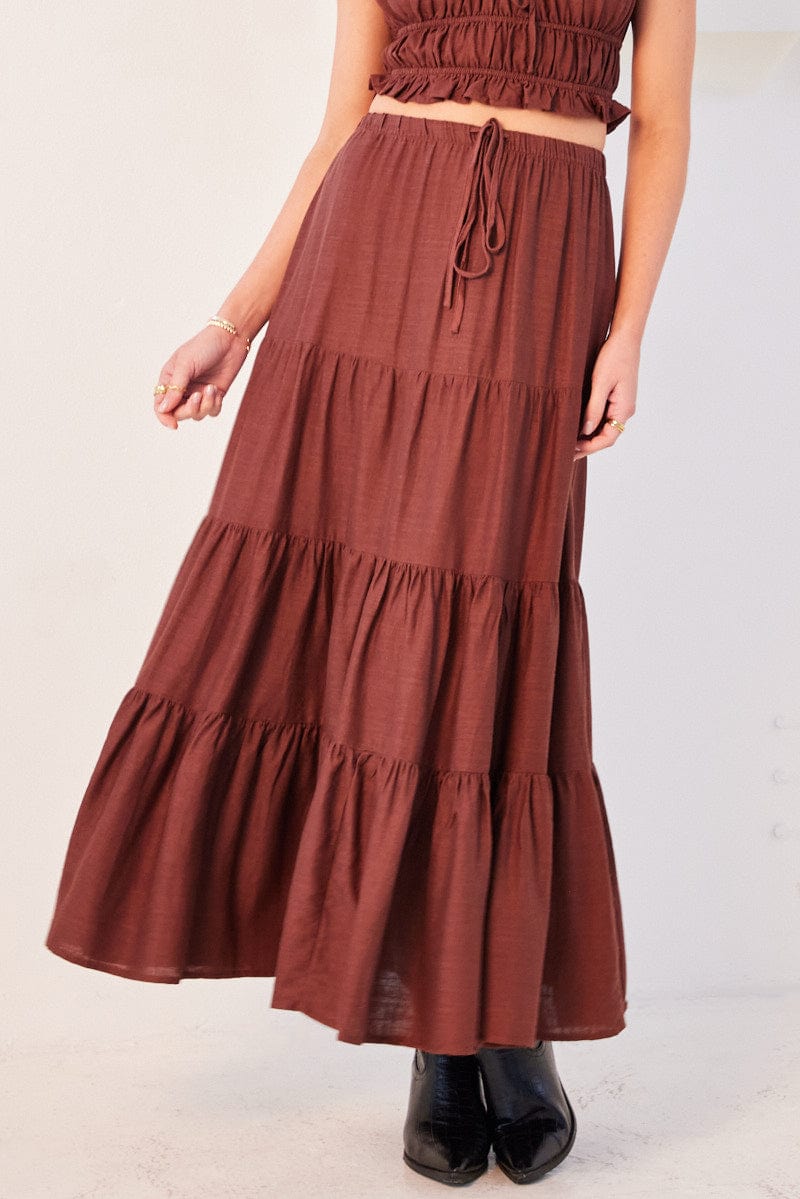 Brown Maxi Skirt Tiered for Ally Fashion