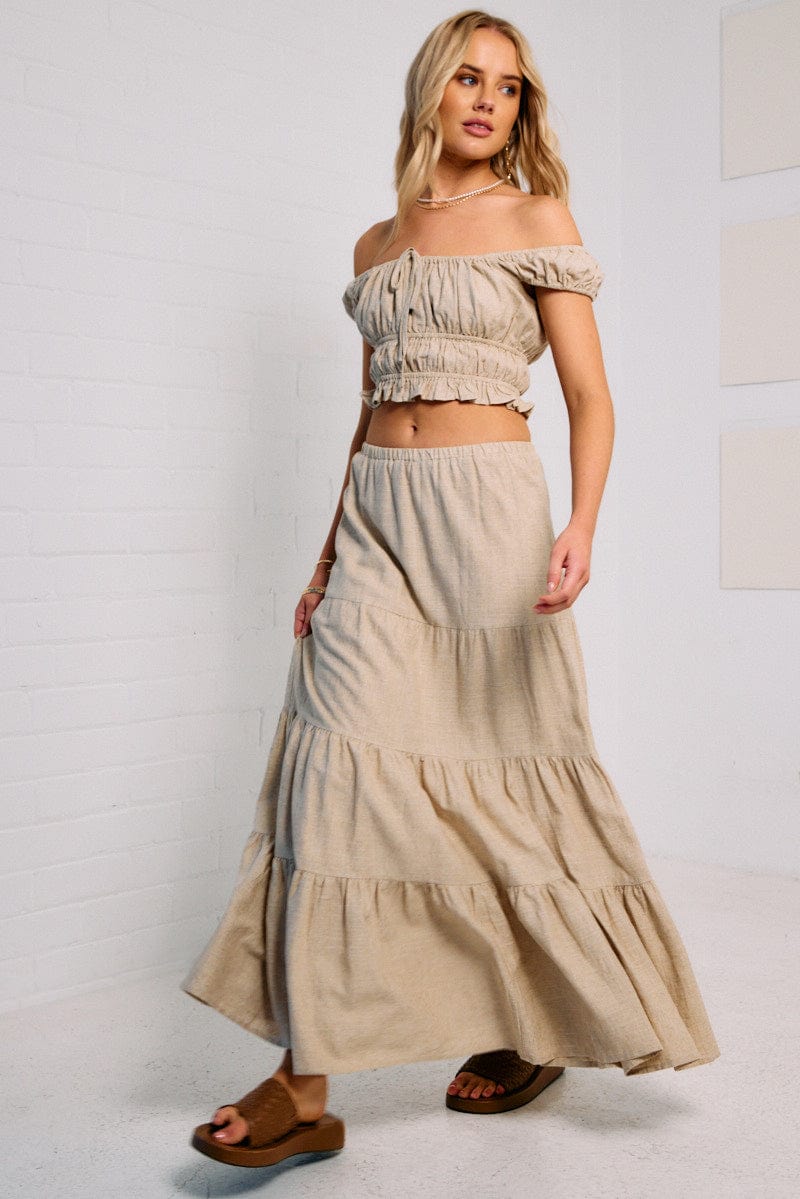 Beige Maxi Skirt Tiered for Ally Fashion