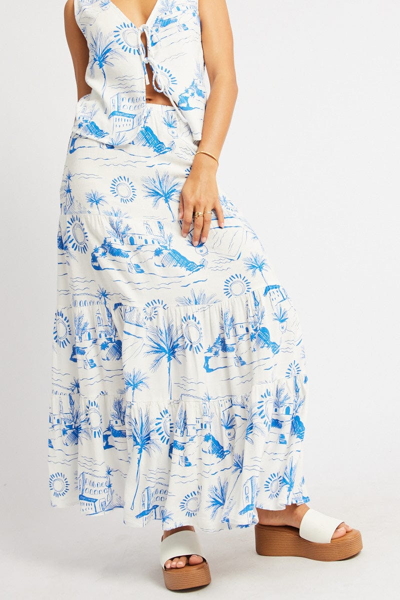 Blue Abstract Maxi Skirt Tiered High Rise Elastic Waistband for Ally Fashion