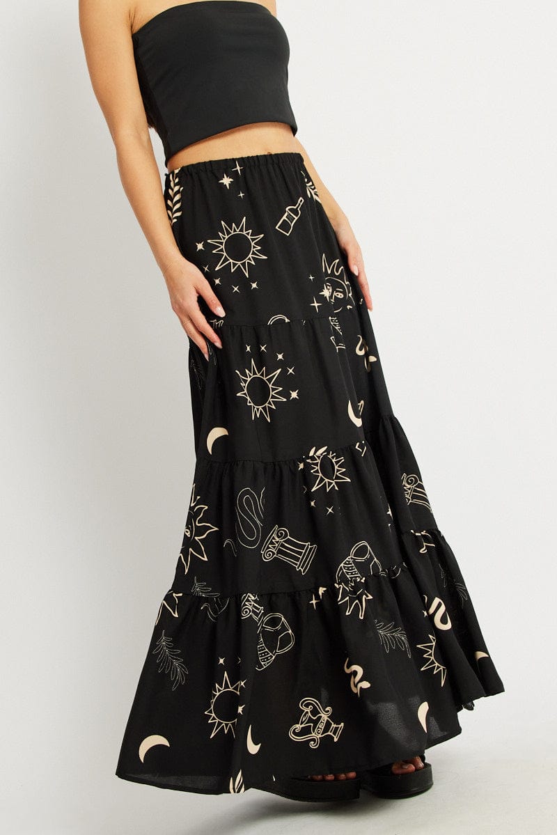 Black Abstract Maxi Skirt Tiered High Rise Elastic Waistband for Ally Fashion