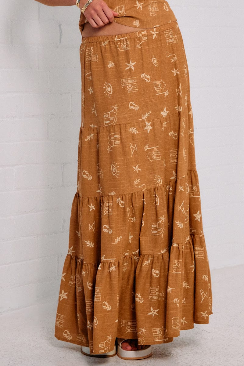 Brown Abstract Maxi Skirt Tiered for Ally Fashion