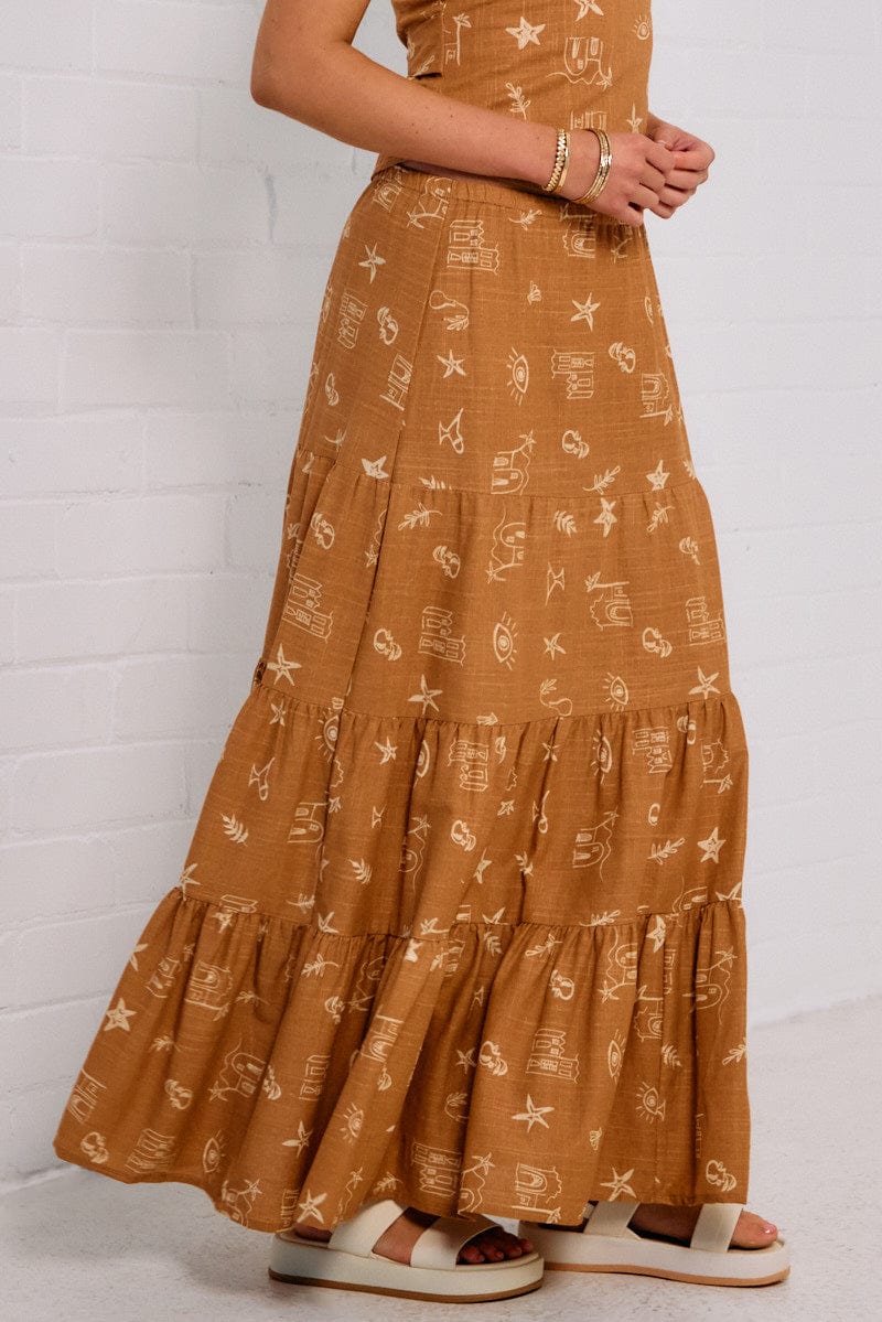 Brown Abstract Maxi Skirt Tiered for Ally Fashion