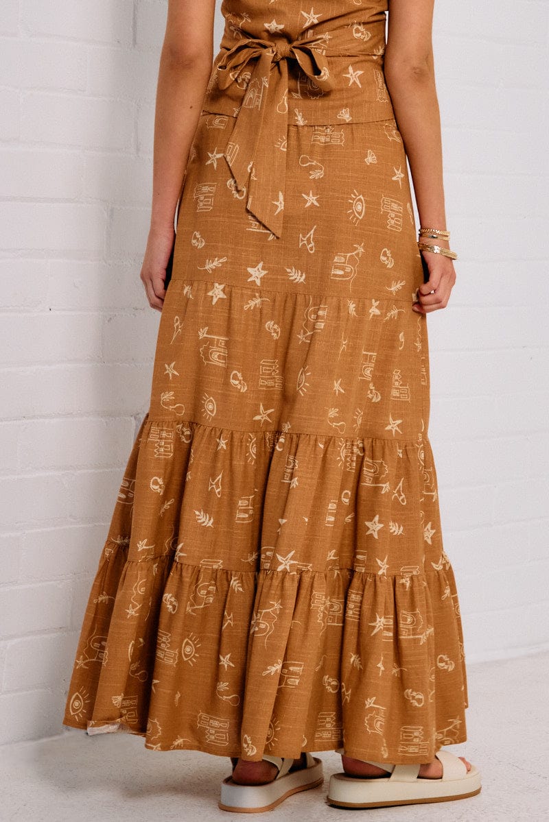 Brown Abstract Maxi Skirt Tiered for Ally Fashion