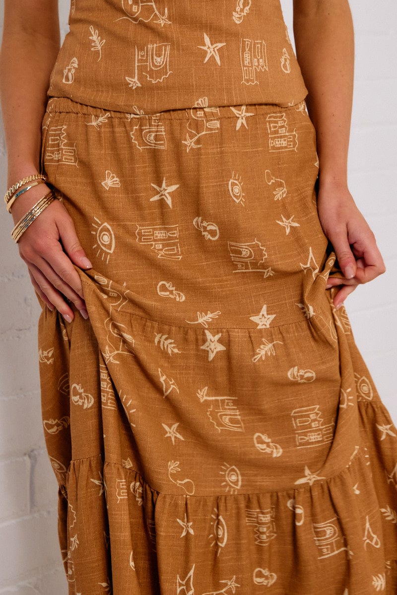 Brown Abstract Maxi Skirt Tiered for Ally Fashion