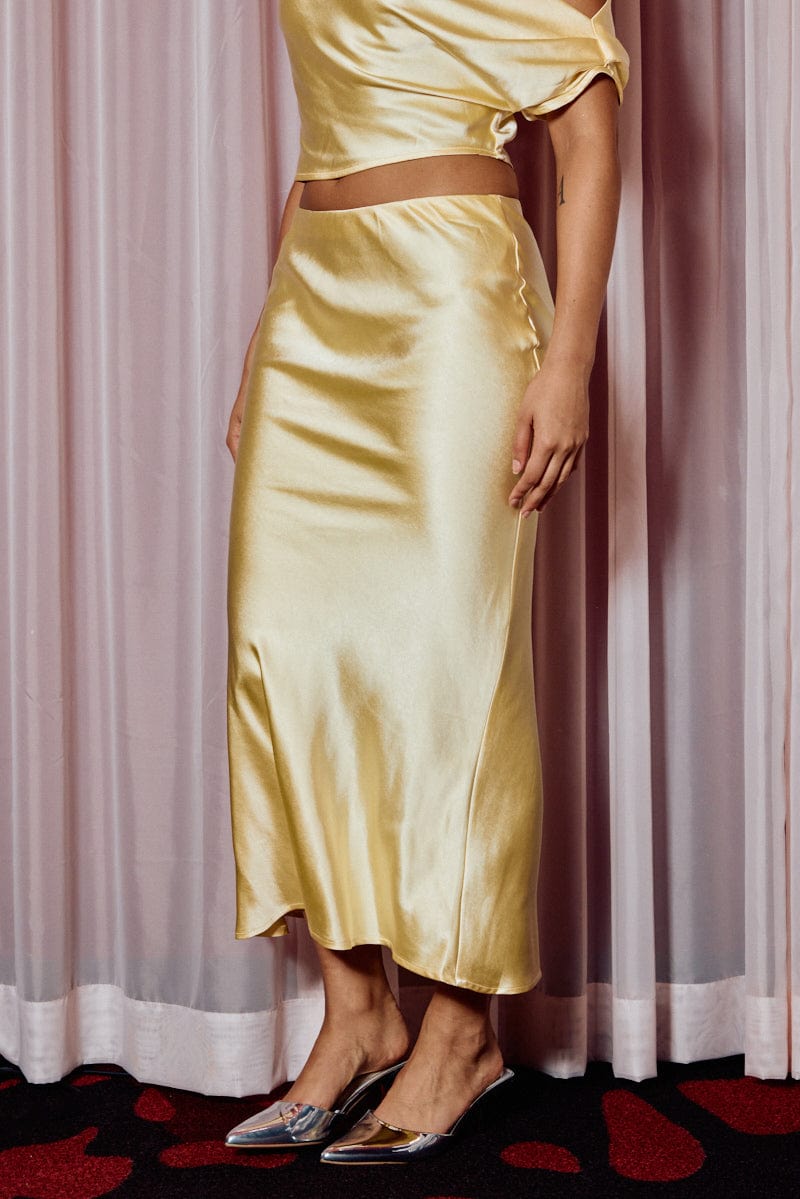 Yellow Slip Skirt Maxi High Rise Satin Crepe Ally Fashion