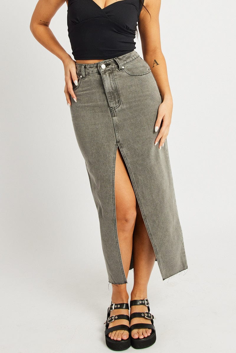 Grey Maxi Skirt High Rise Front Split for Ally Fashion