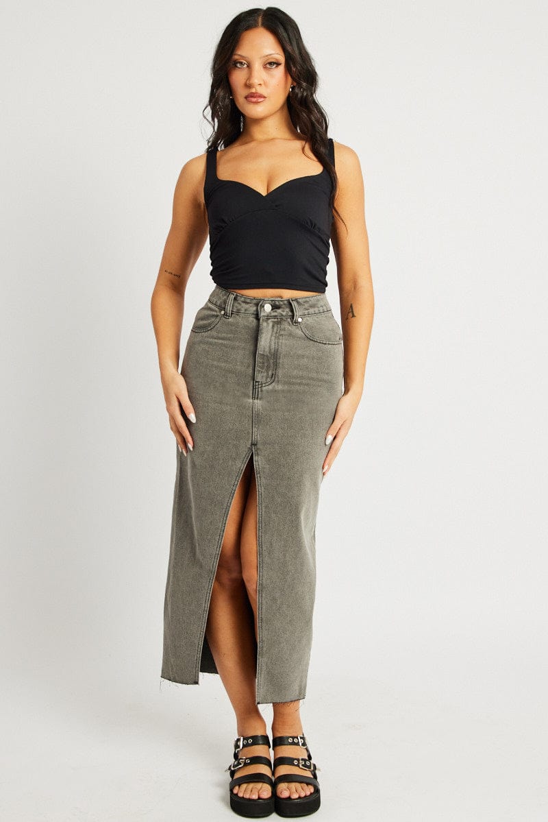 Grey Maxi Skirt High Rise Front Split for Ally Fashion