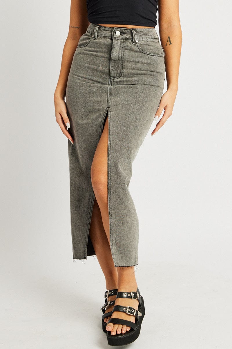 Grey Maxi Skirt High Rise Front Split for Ally Fashion