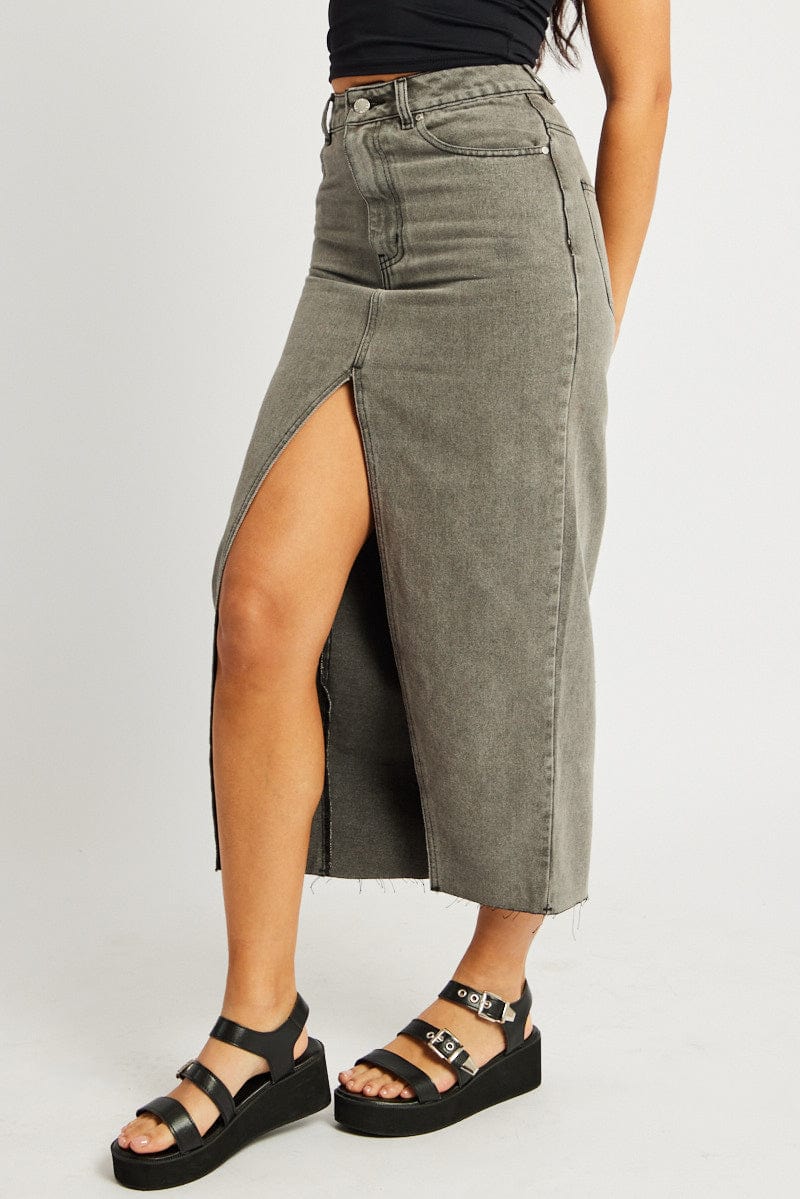 Grey Maxi Skirt High Rise Front Split for Ally Fashion