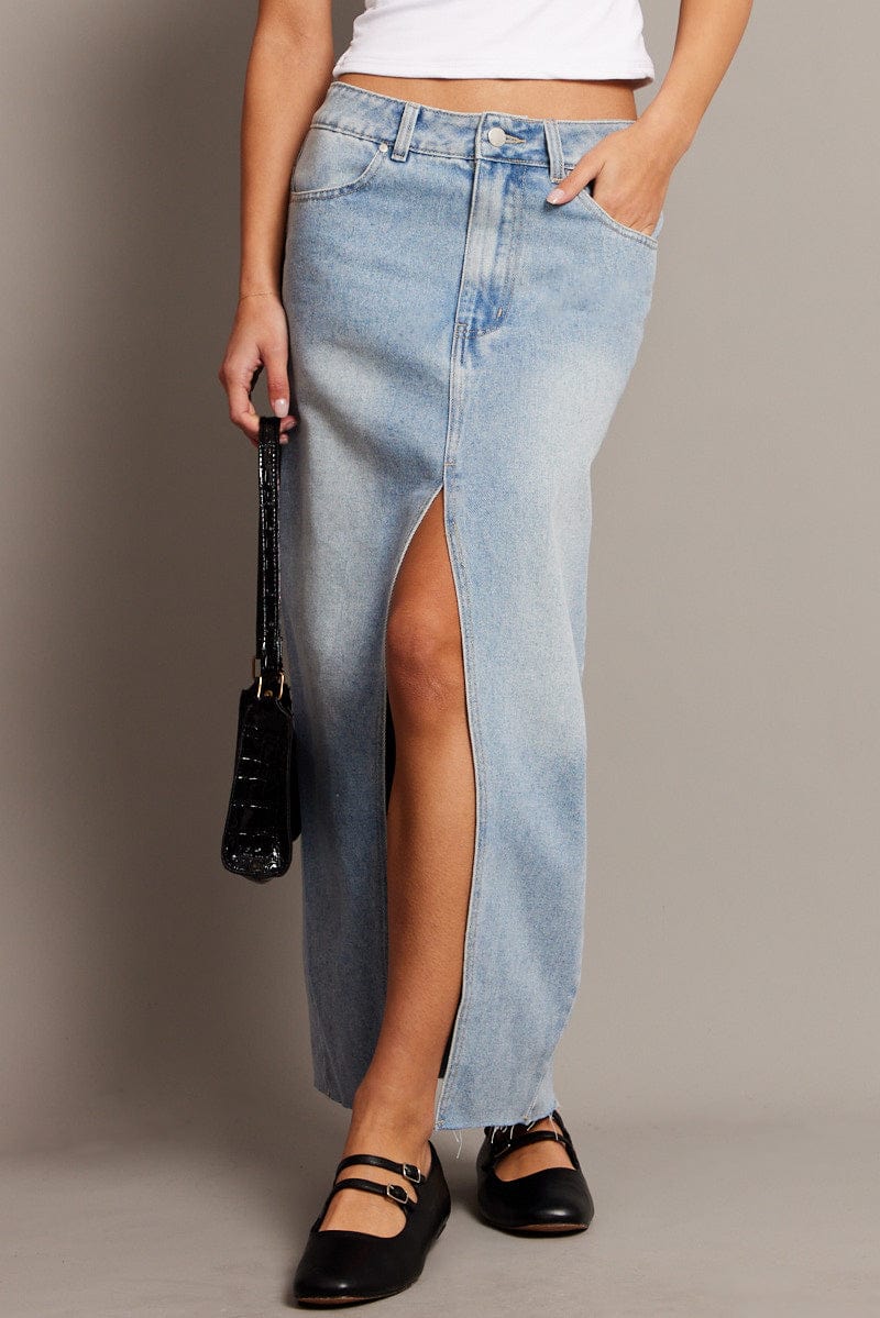 Denim Maxi Skirt High Rise Front Split for Ally Fashion