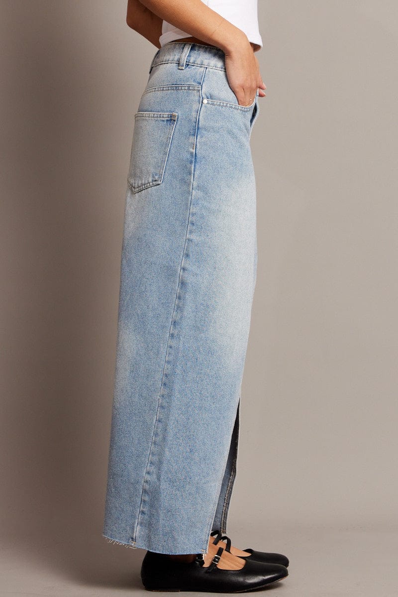 Denim Maxi Skirt High Rise Front Split for Ally Fashion