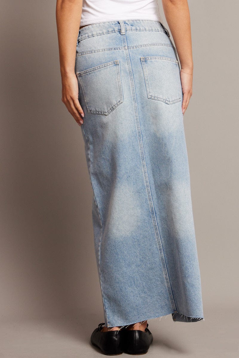 Denim Maxi Skirt High Rise Front Split for Ally Fashion