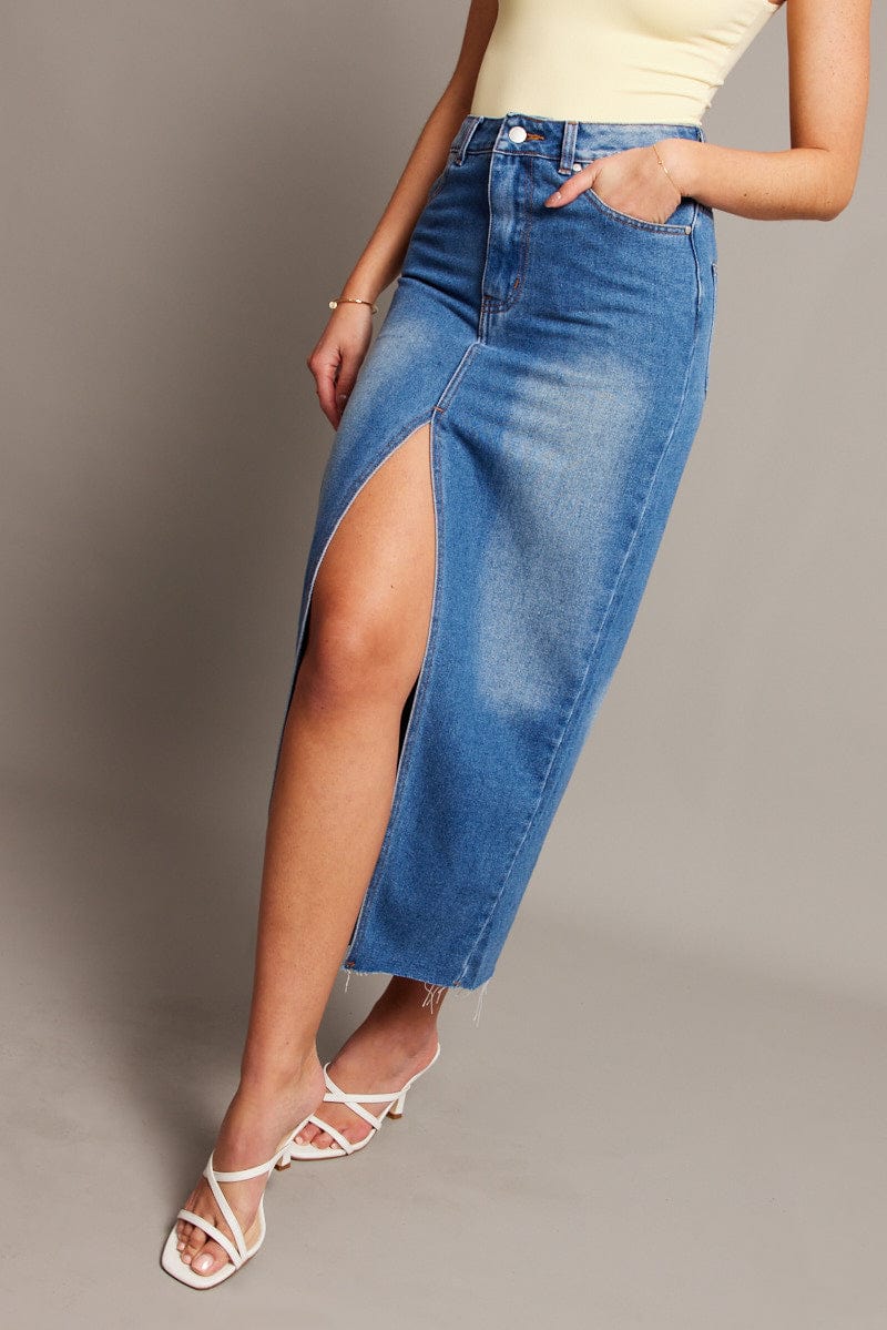 Denim Maxi Skirt High Rise Front Split for Ally Fashion