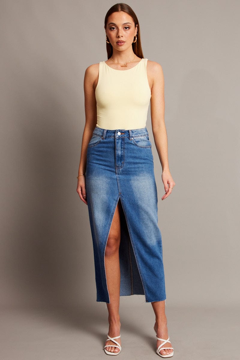 Denim Maxi Skirt High Rise Front Split for Ally Fashion