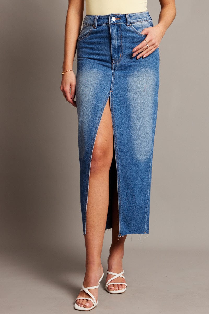 Denim Maxi Skirt High Rise Front Split for Ally Fashion