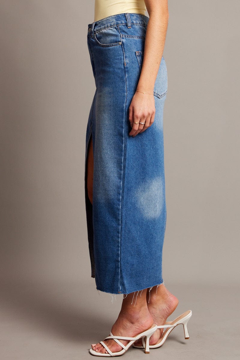 Denim Maxi Skirt High Rise Front Split for Ally Fashion