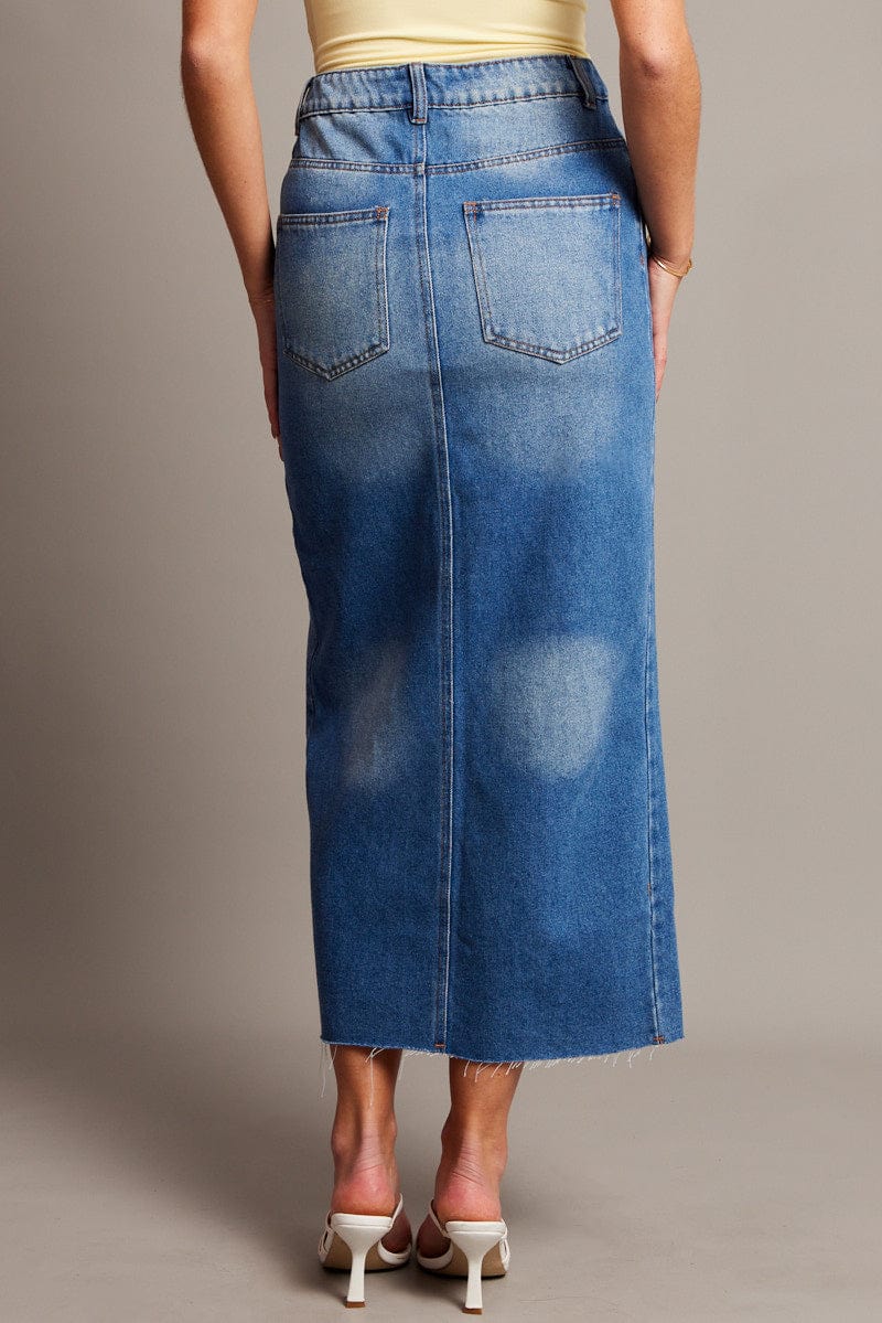 Denim Maxi Skirt High Rise Front Split for Ally Fashion