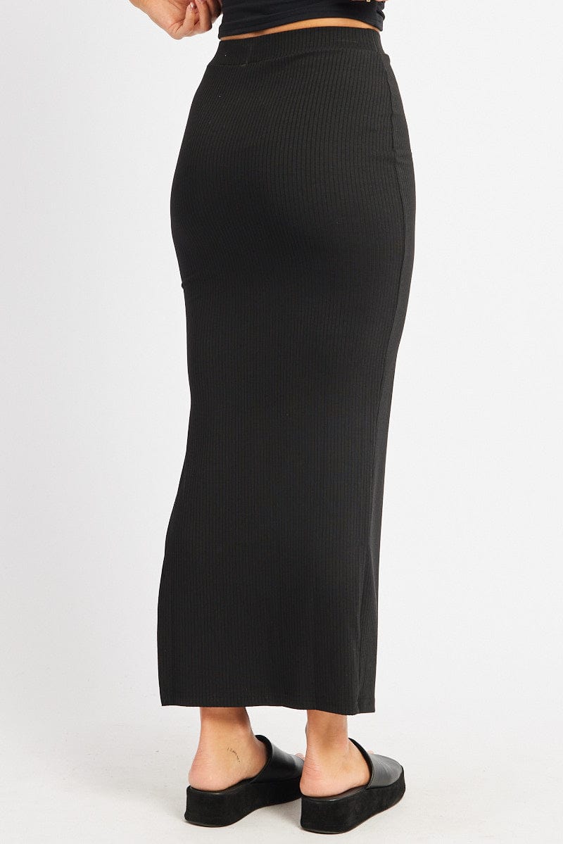 Black Midi Skirt High Rise Rib Jersey for Ally Fashion