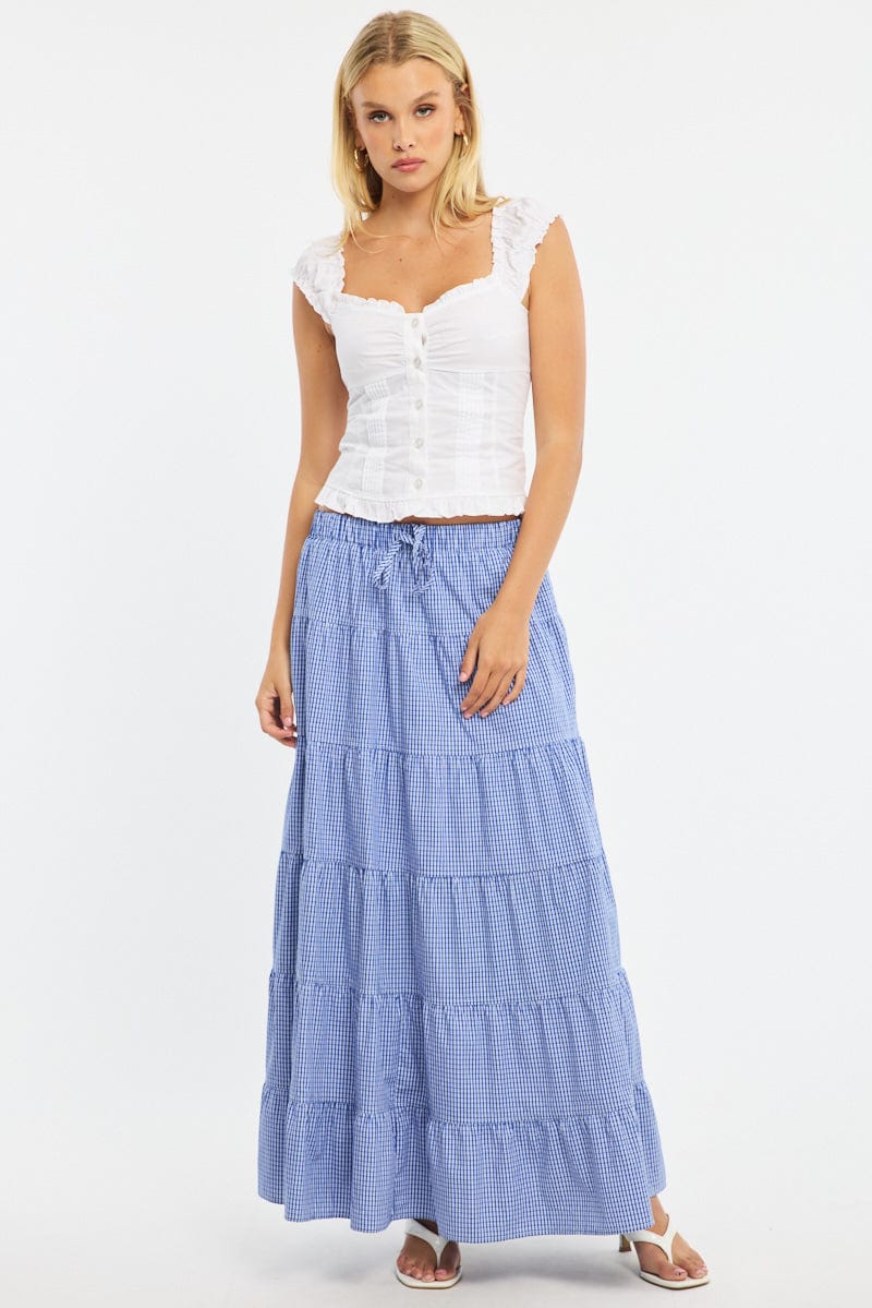 Blue Check Maxi Skirt Tiered High Rise Linen Blend for Ally Fashion