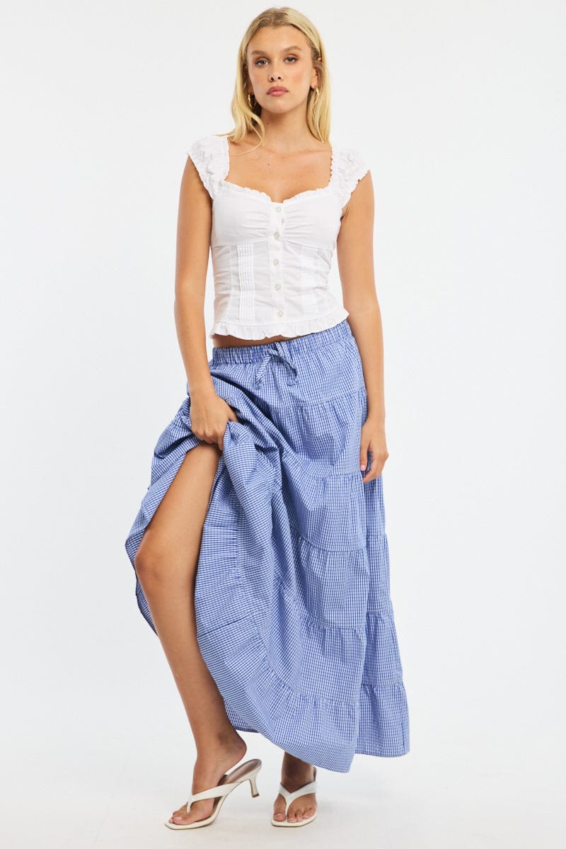 Blue Check Maxi Skirt Tiered High Rise Linen Blend for Ally Fashion