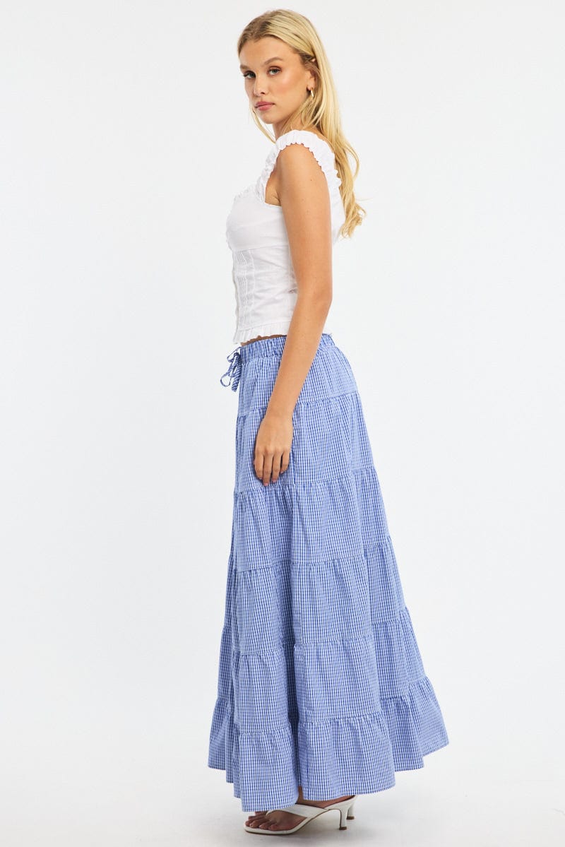 Blue Check Maxi Skirt Tiered High Rise Linen Blend for Ally Fashion
