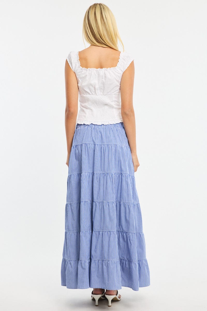 Blue Check Maxi Skirt Tiered High Rise Linen Blend for Ally Fashion