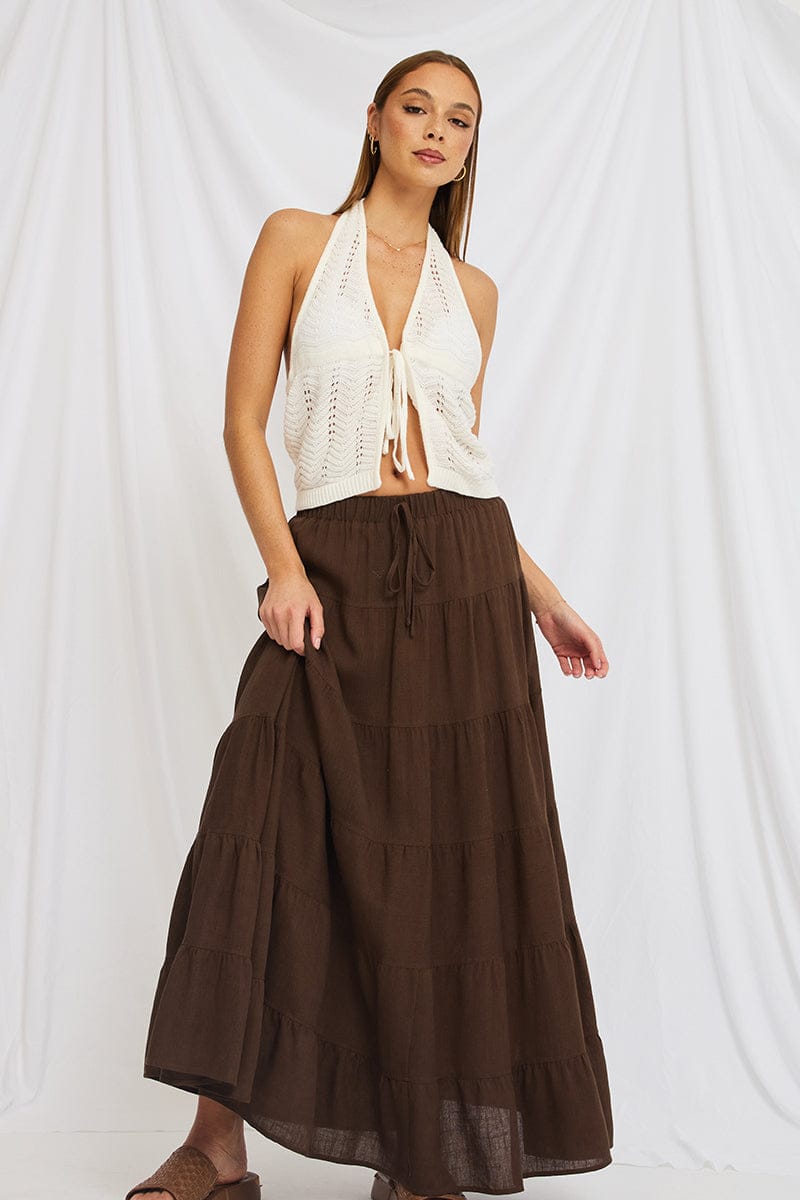 Brown Maxi Skirt Tiered High Rise Linen Blend for Ally Fashion