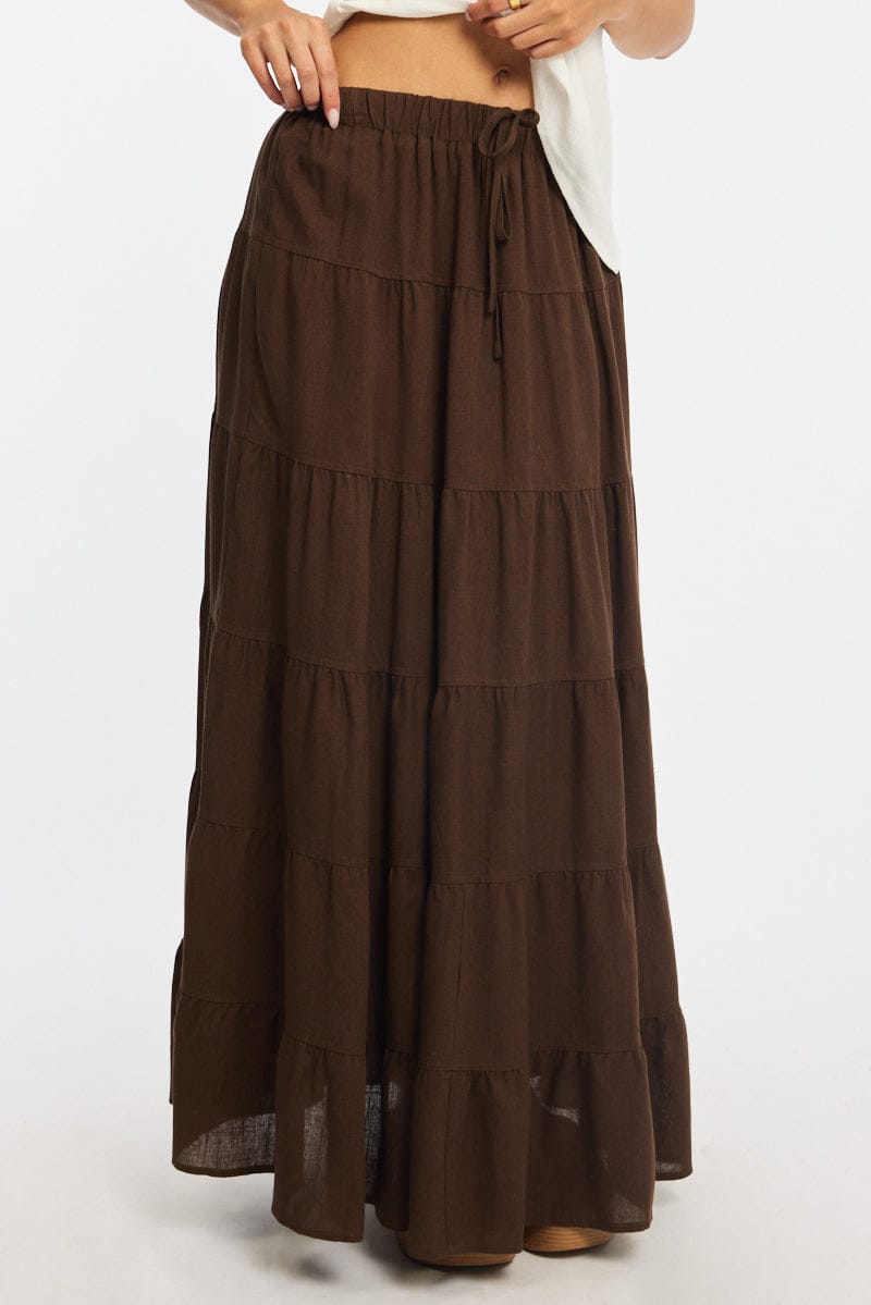 Brown Maxi Skirt Tiered High Rise Linen Blend for Ally Fashion