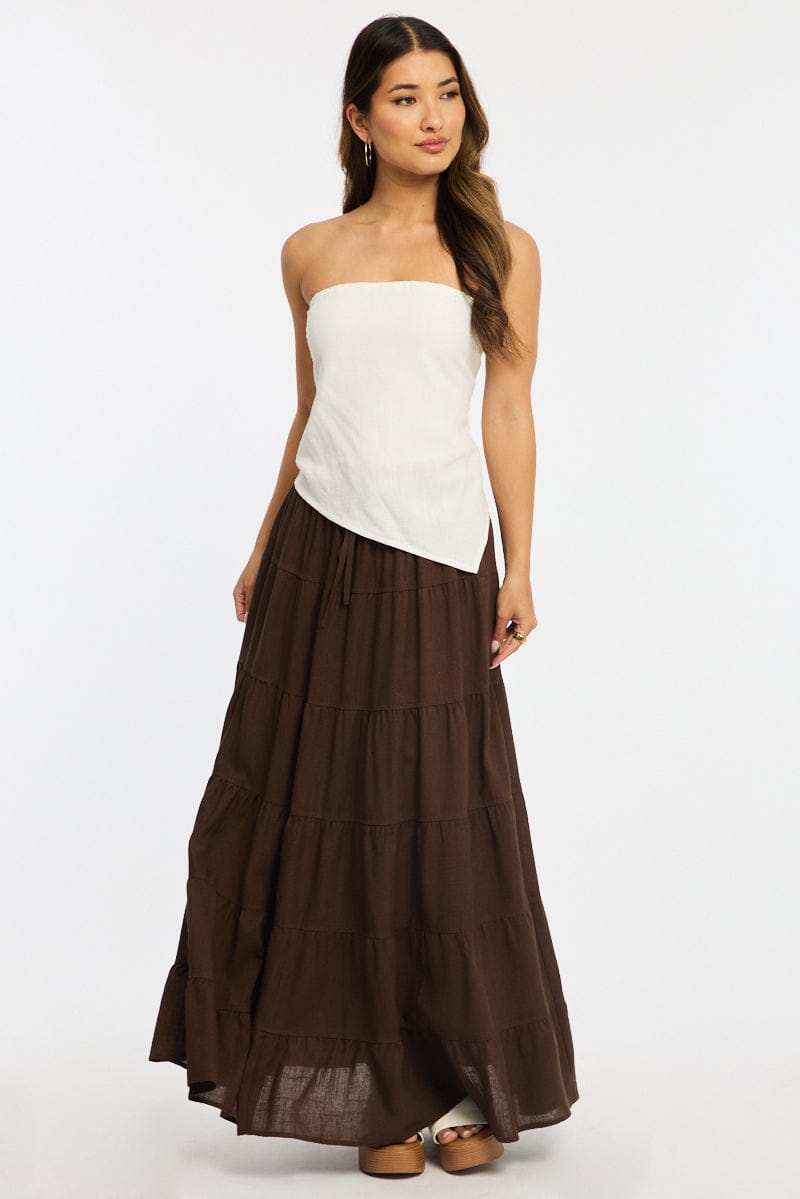 Brown Maxi Skirt Tiered High Rise Linen Blend for Ally Fashion