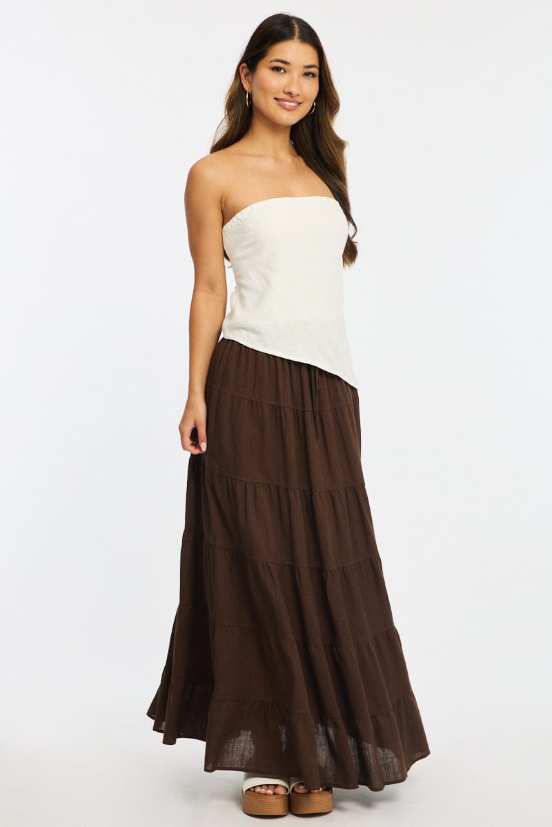 Brown Maxi Skirt Tiered High Rise Linen Blend for Ally Fashion