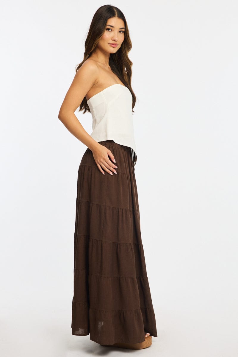 Brown Maxi Skirt Tiered High Rise Linen Blend for Ally Fashion