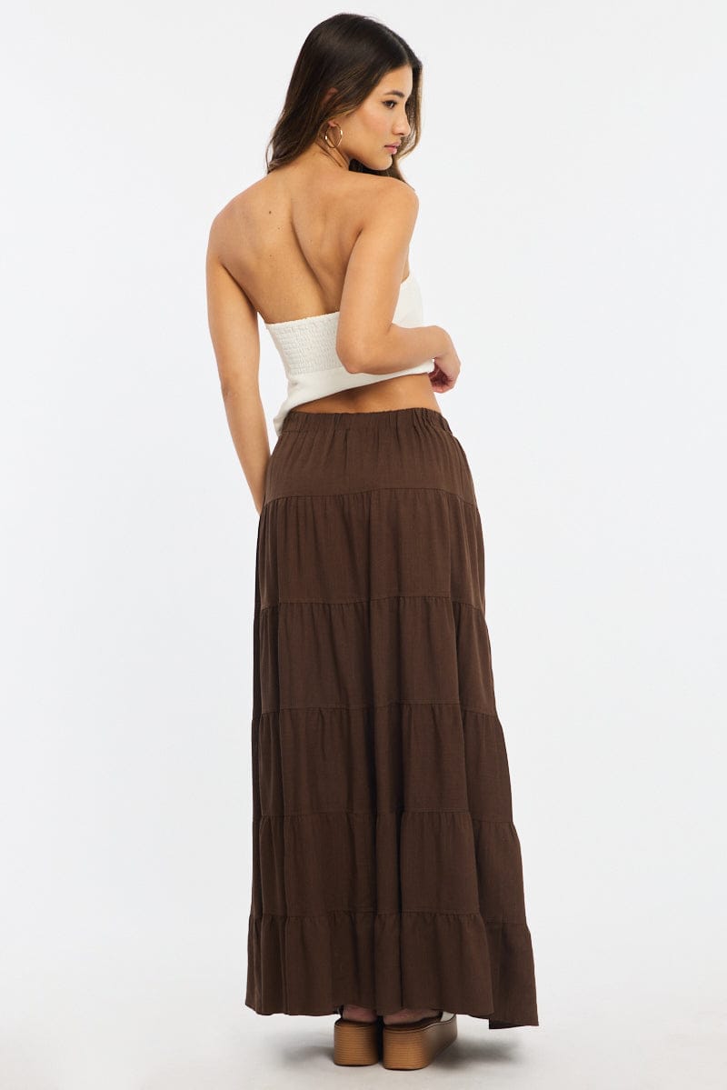Brown Maxi Skirt Tiered High Rise Linen Blend for Ally Fashion