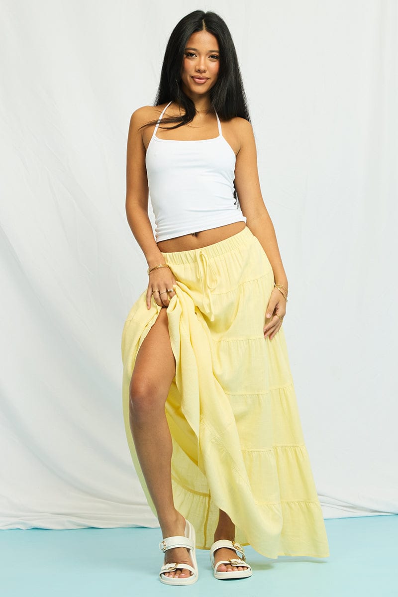 Yellow Maxi Skirt Tiered High Rise Linen Blend for Ally Fashion