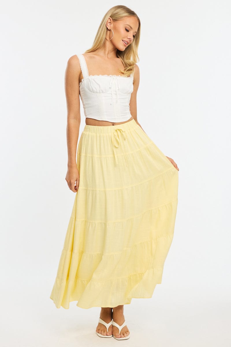 Yellow Maxi Skirt Tiered High Rise Linen Blend for Ally Fashion