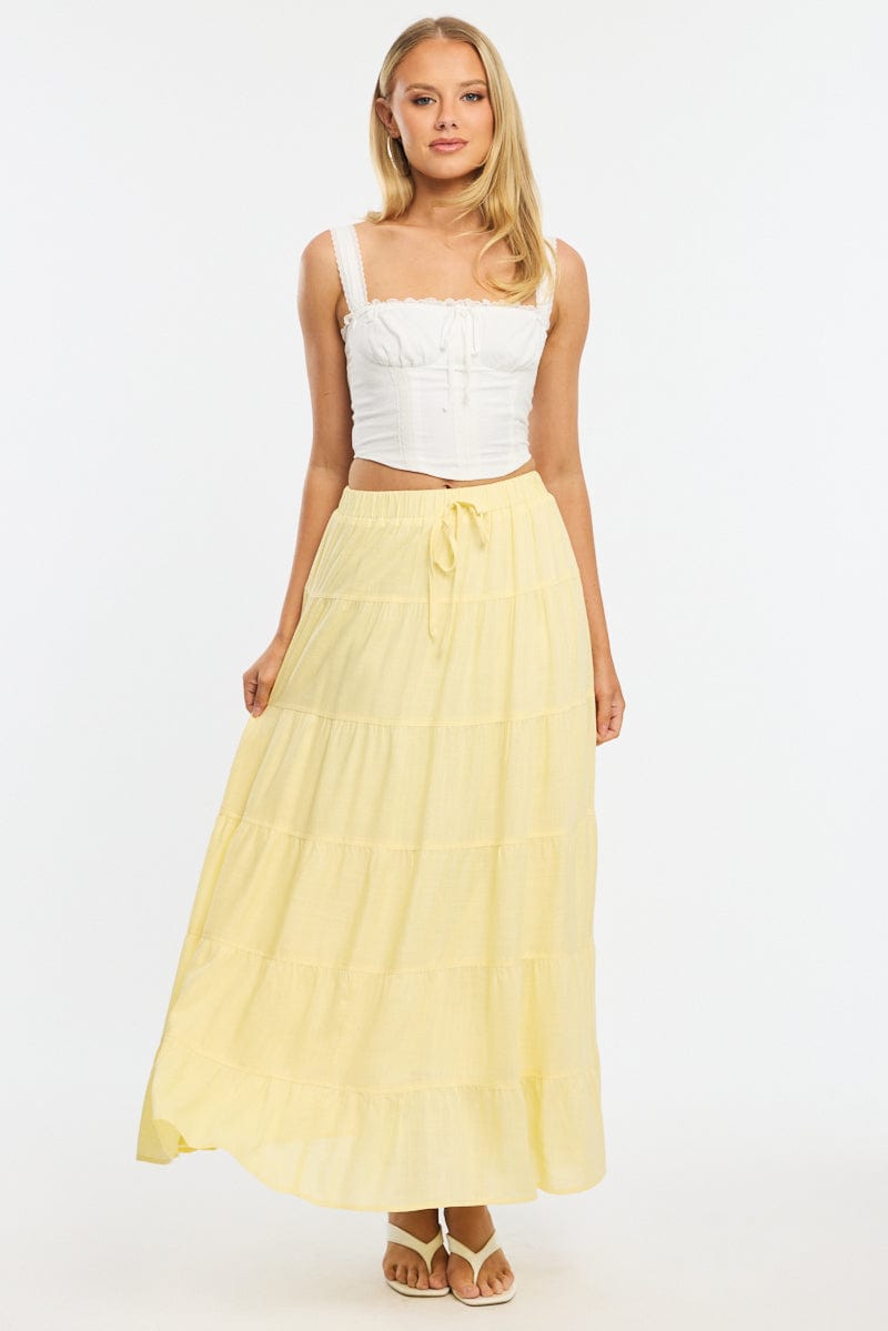 Yellow Maxi Skirt Tiered High Rise Linen Blend for Ally Fashion