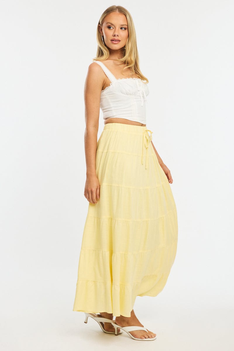Yellow Maxi Skirt Tiered High Rise Linen Blend for Ally Fashion