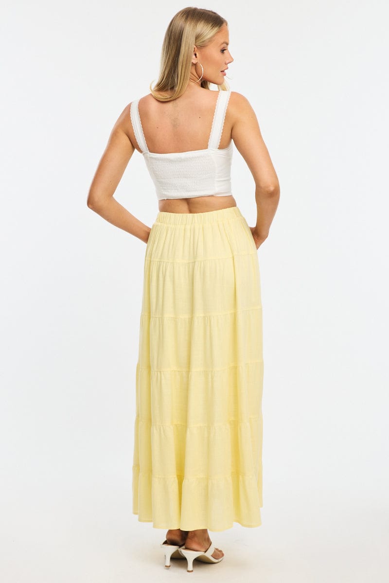 Yellow Maxi Skirt Tiered High Rise Linen Blend for Ally Fashion