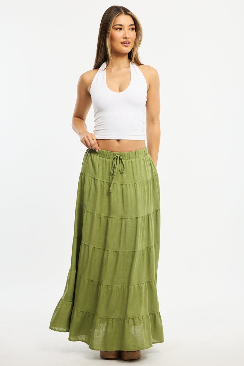 Green Maxi Skirt Tiered High Rise Linen Blend for Ally Fashion