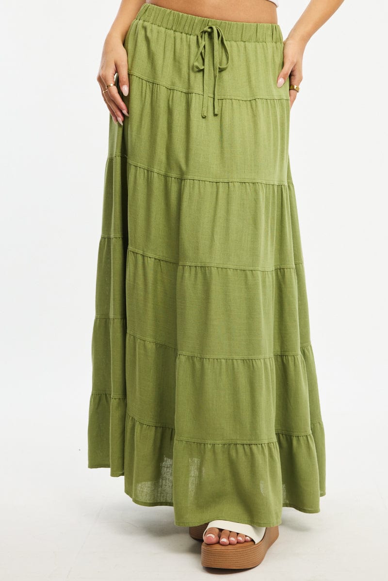 Green Maxi Skirt Tiered High Rise Linen Blend for Ally Fashion