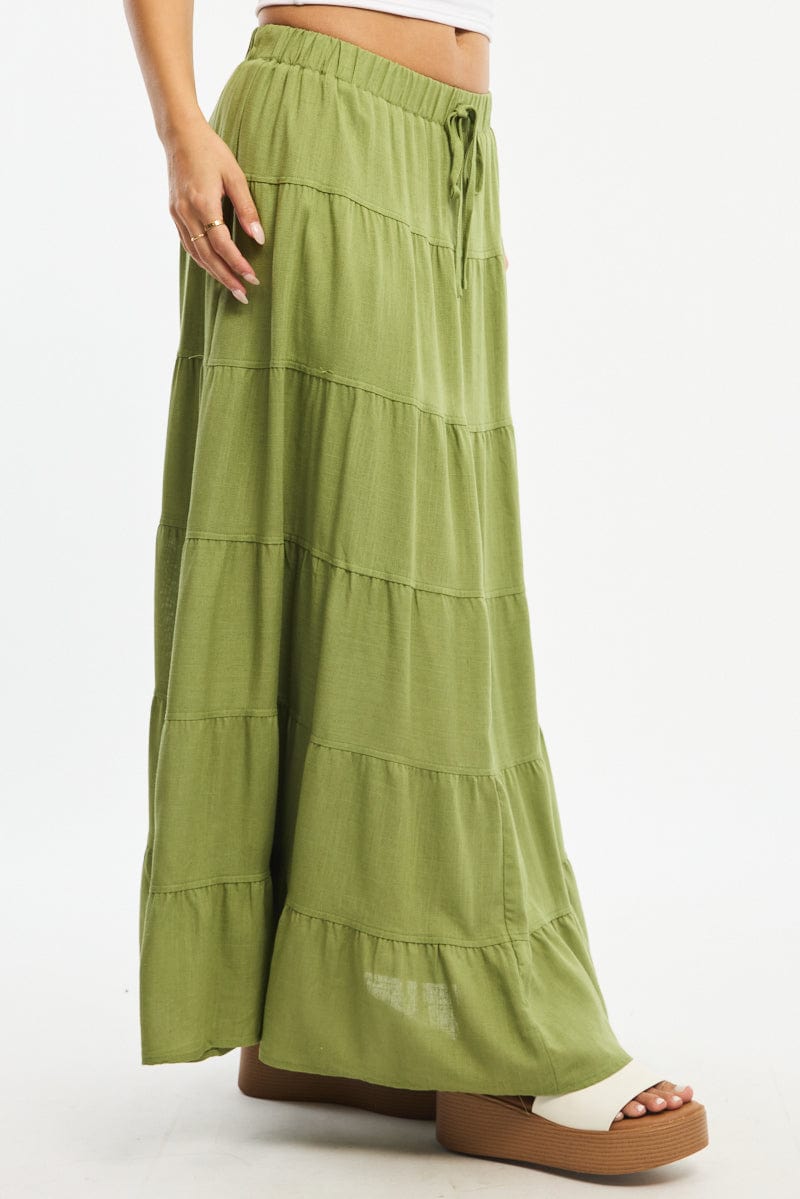 Green Maxi Skirt Tiered High Rise Linen Blend for Ally Fashion
