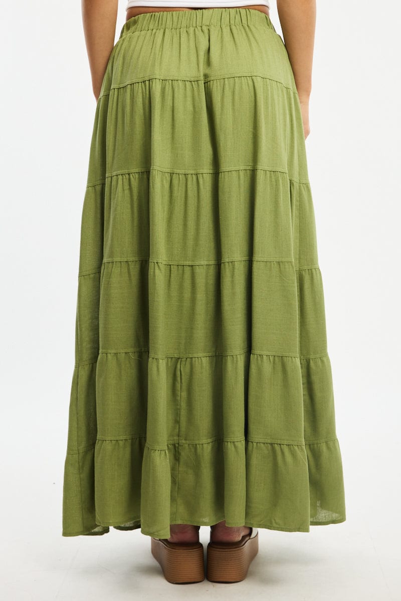 Green Maxi Skirt Tiered High Rise Linen Blend for Ally Fashion