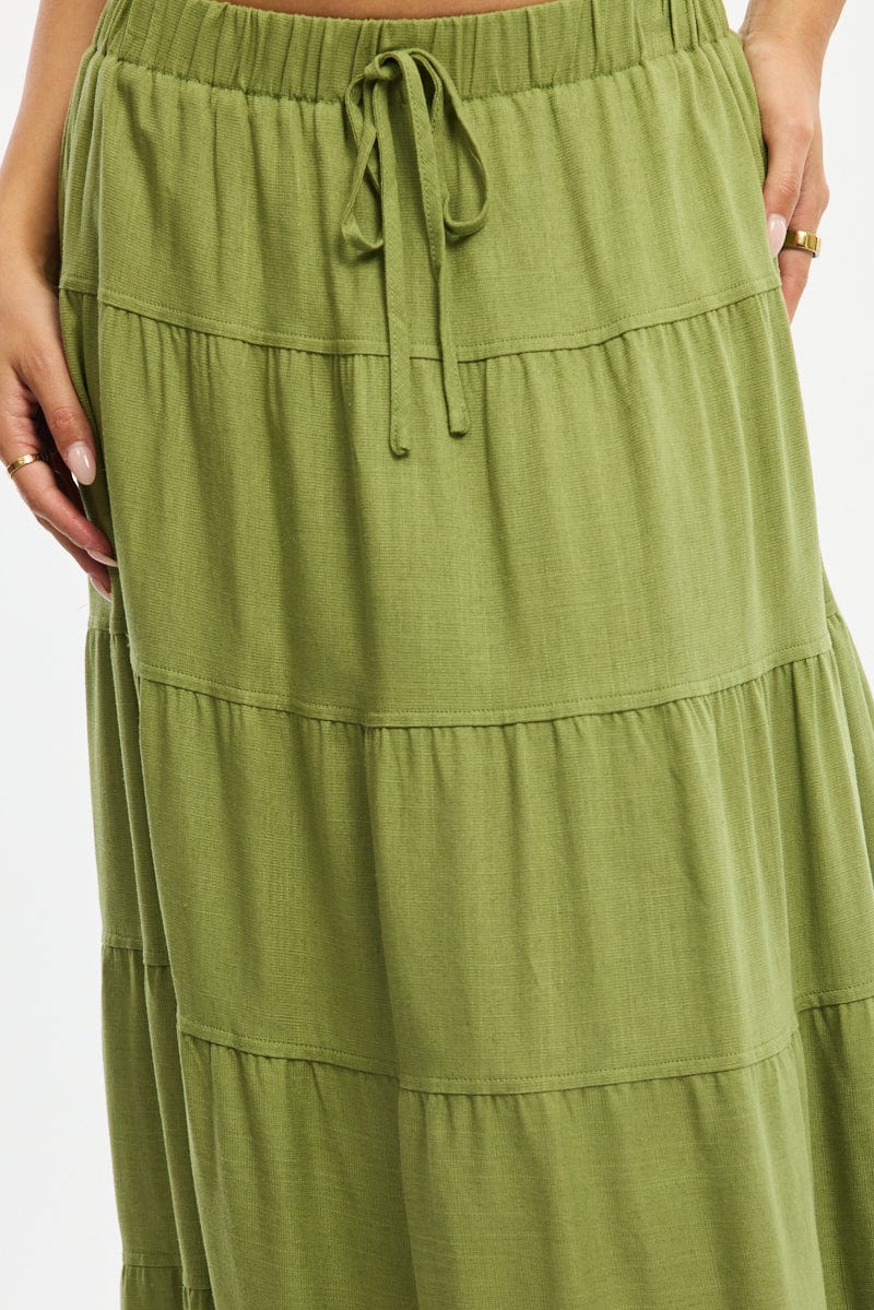 Green Maxi Skirt Tiered High Rise Linen Blend for Ally Fashion