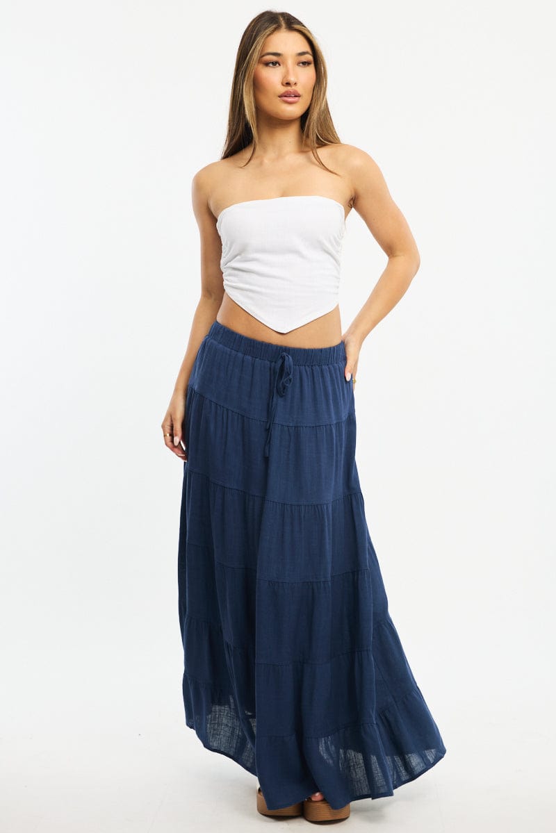Blue Maxi Skirt Tiered High Rise Linen Blend for Ally Fashion