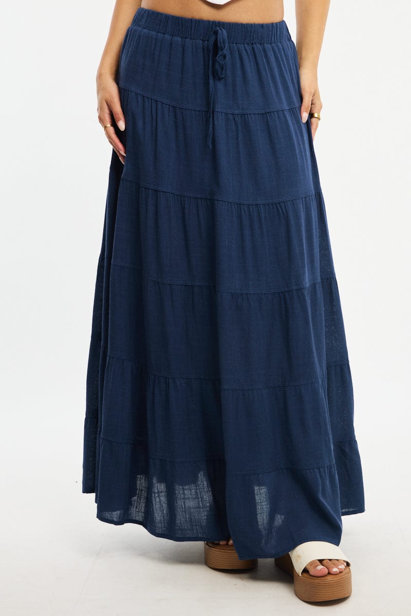 Blue Maxi Skirt Tiered High Rise Linen Blend for Ally Fashion