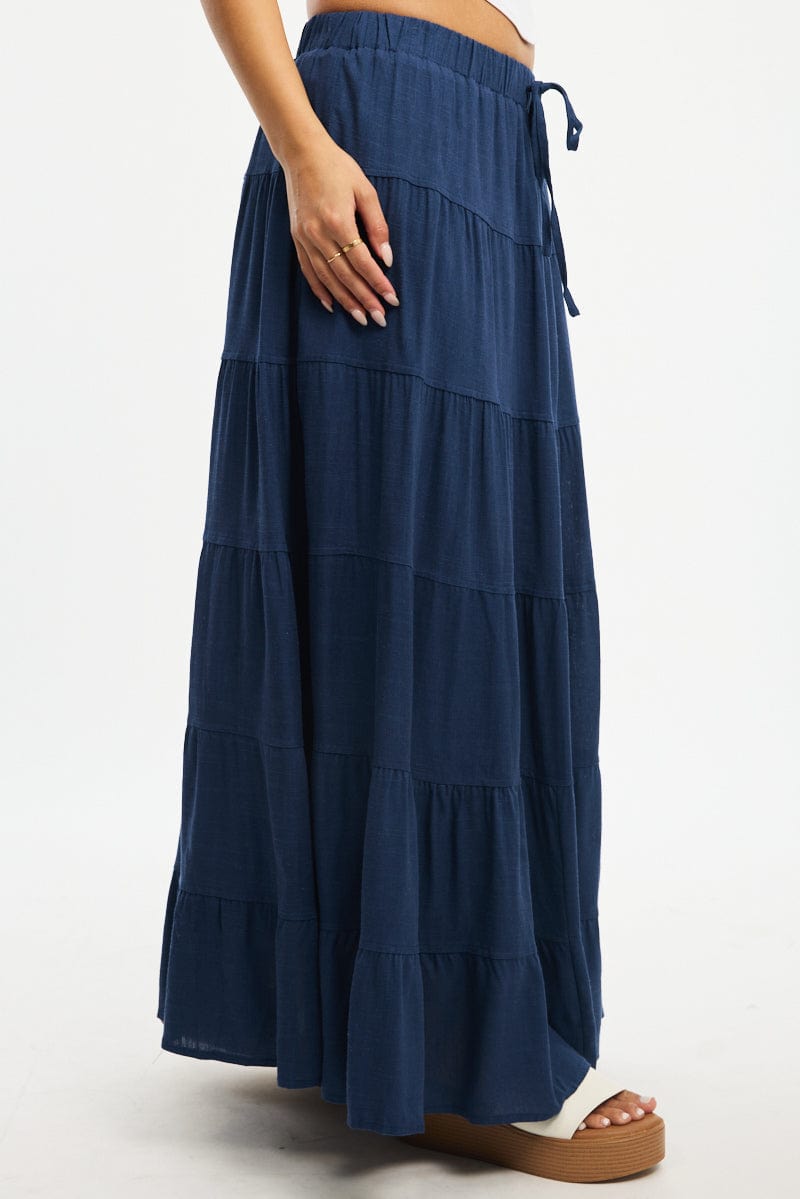 Blue Maxi Skirt Tiered High Rise Linen Blend for Ally Fashion