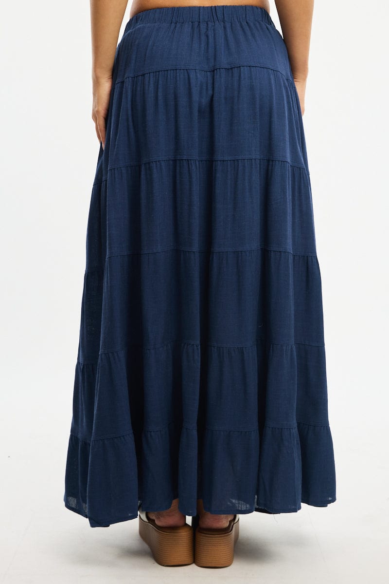 Blue Maxi Skirt Tiered High Rise Linen Blend for Ally Fashion