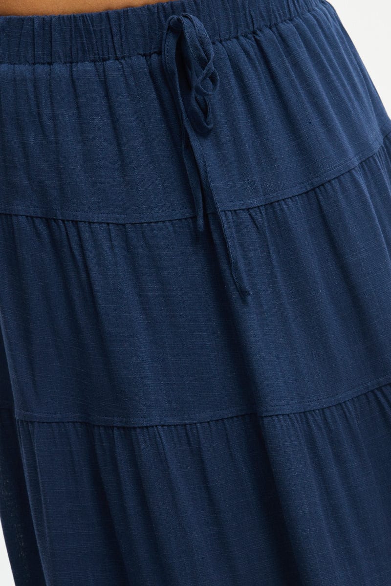 Blue Maxi Skirt Tiered High Rise Linen Blend for Ally Fashion