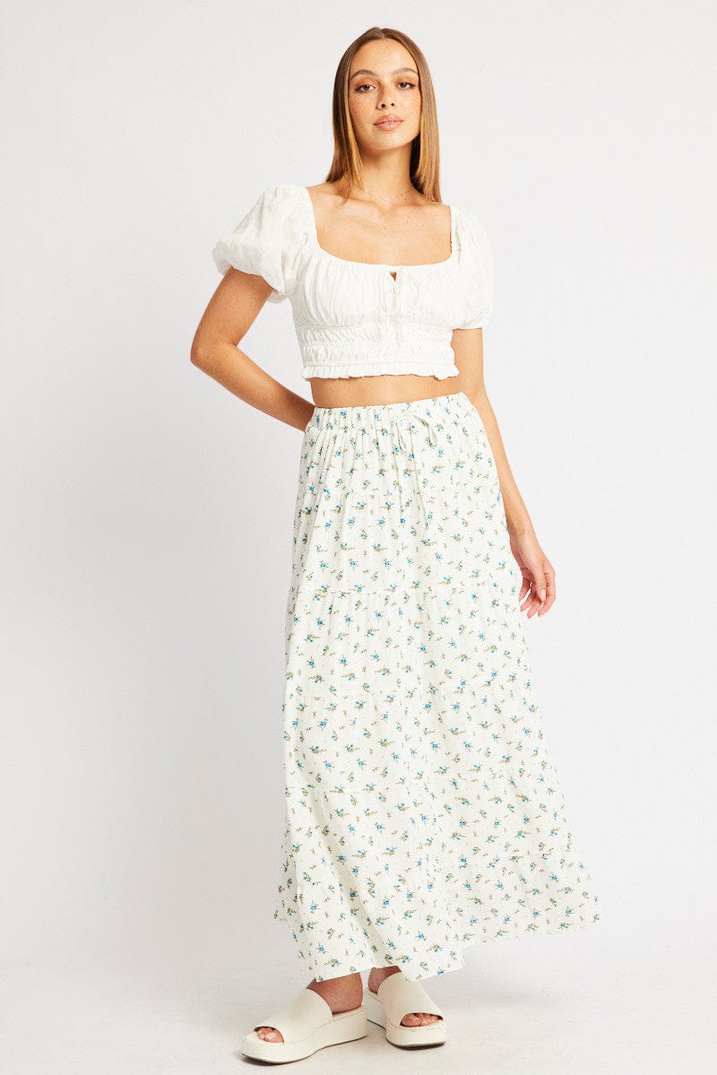 White Ditsy Maxi Skirt Tiered High Rise Lined for Ally Fashion