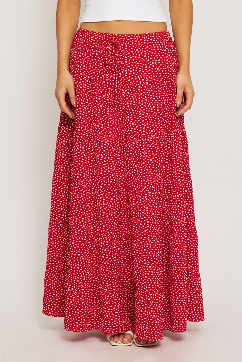 Red Ditsy Maxi Skirt Tiered High Rise for Ally Fashion