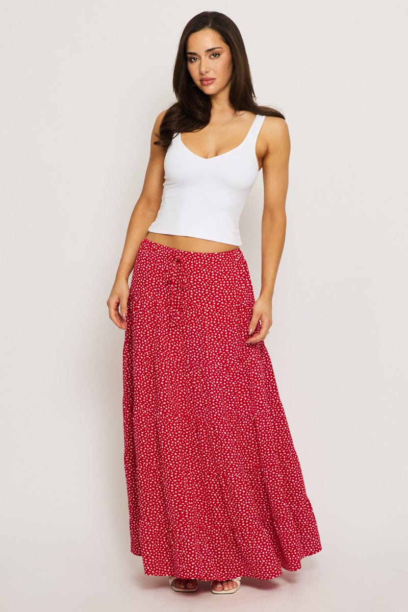 Red Ditsy Maxi Skirt Tiered High Rise for Ally Fashion